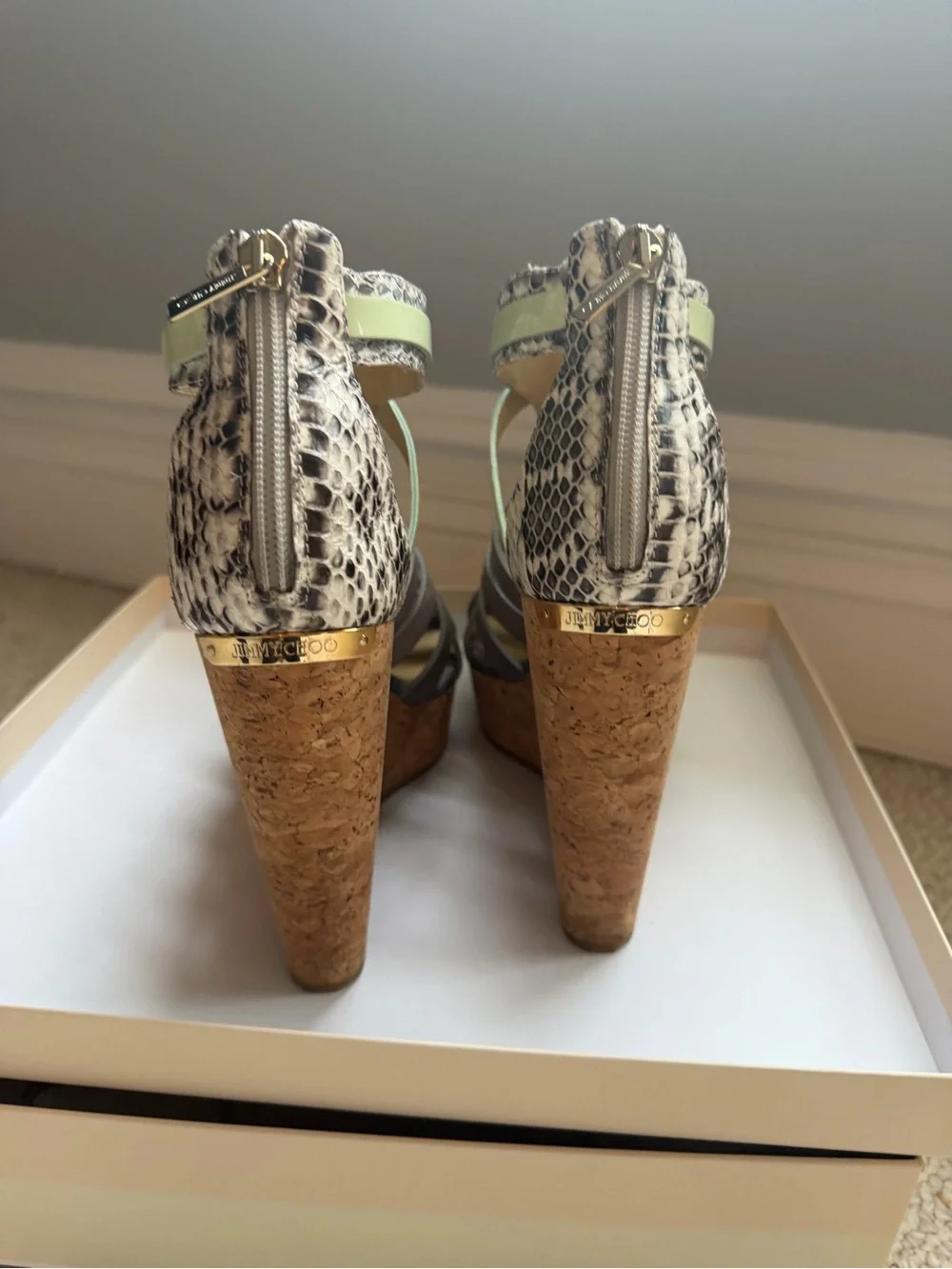 Jimmy Choo Pale Green and Gray Snake-Trim Cork Wedge Sandals